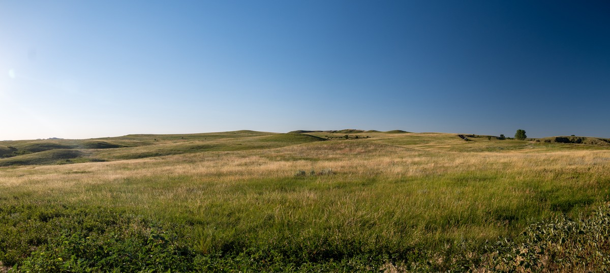 a grassy field with a blue sky with Konza Prairie Natural Area in the background
