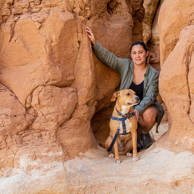 a person and a dog in a cave