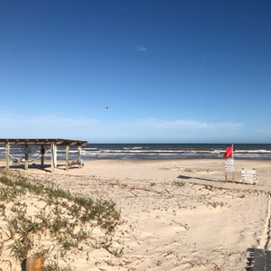 a beach with a pier and a body of water