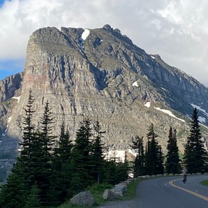 a mountain with trees and a road below