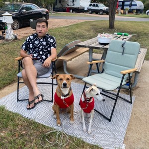 a person sitting on a chair with two dogs