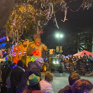 a person in a garment on a parade float