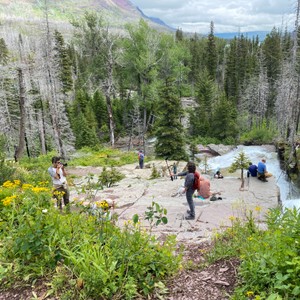 a group of people hiking in the mountains