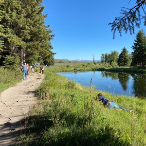 a group of people walking along a trail next to a body of water