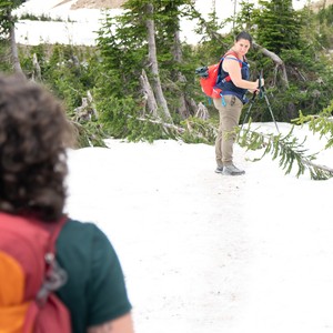 a person hiking in the woods