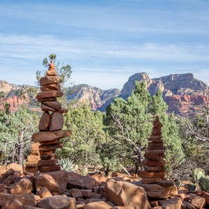 a rocky area with trees and mountains in the background